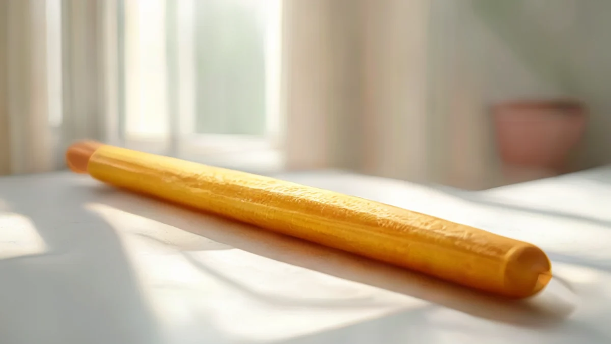 Un oggetto lungo e saffron su un tavolo bianco, luce di finestra dolce, profondità di campo bassa, fotorealistico, focus netto, dettagli alti
