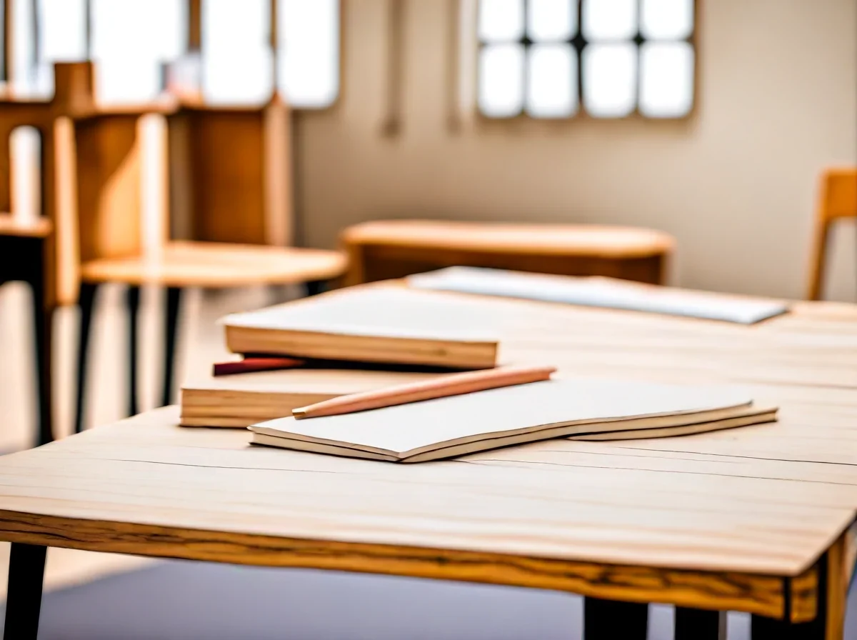 Houten schoolbank met een open notitieboek en een pen erop