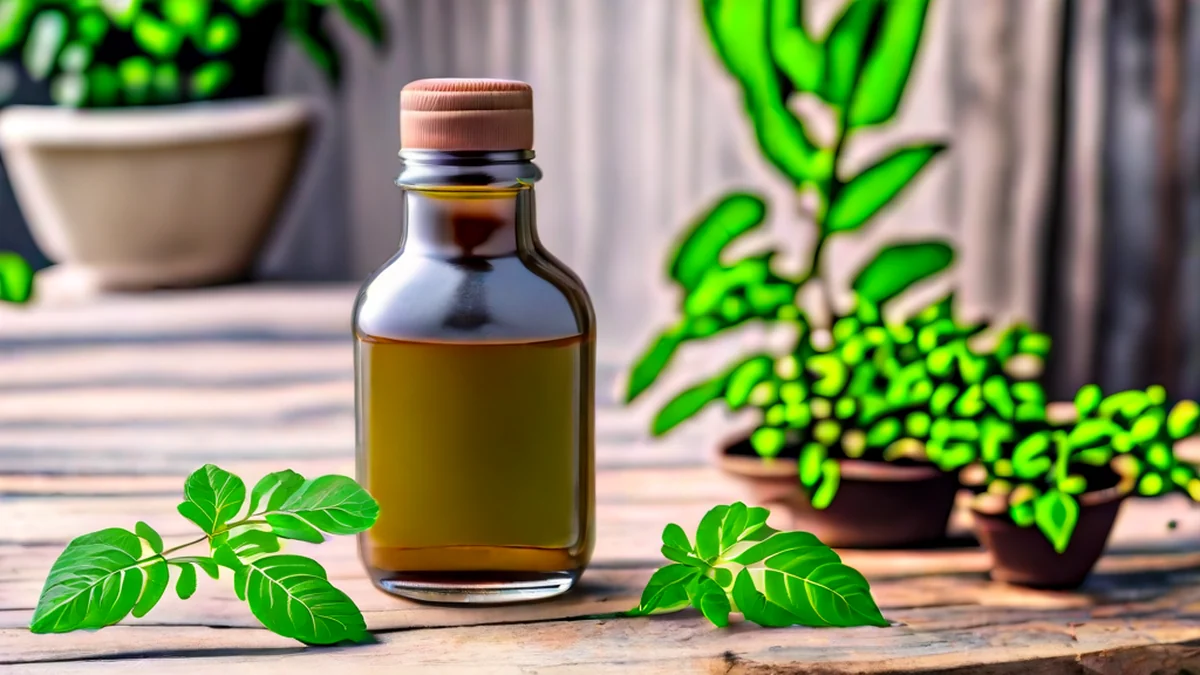 花園中植物根部附近放置著一瓶neem油