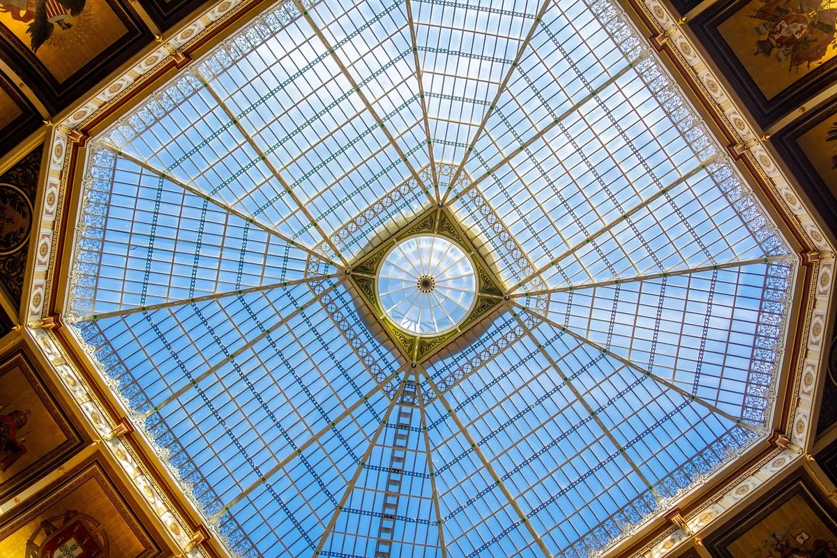 skylight, dome, glass, stock exchange palace, transparent, roof, building, interior, nature, architecture, sky, palace, porto, portugal