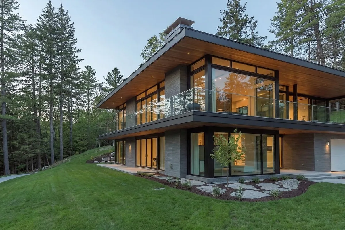 modern architecture, glass terrace, family home, forest, outdoor setting, luxury property, garden, nature, lawn, wooden structure, residential property, wide ve
