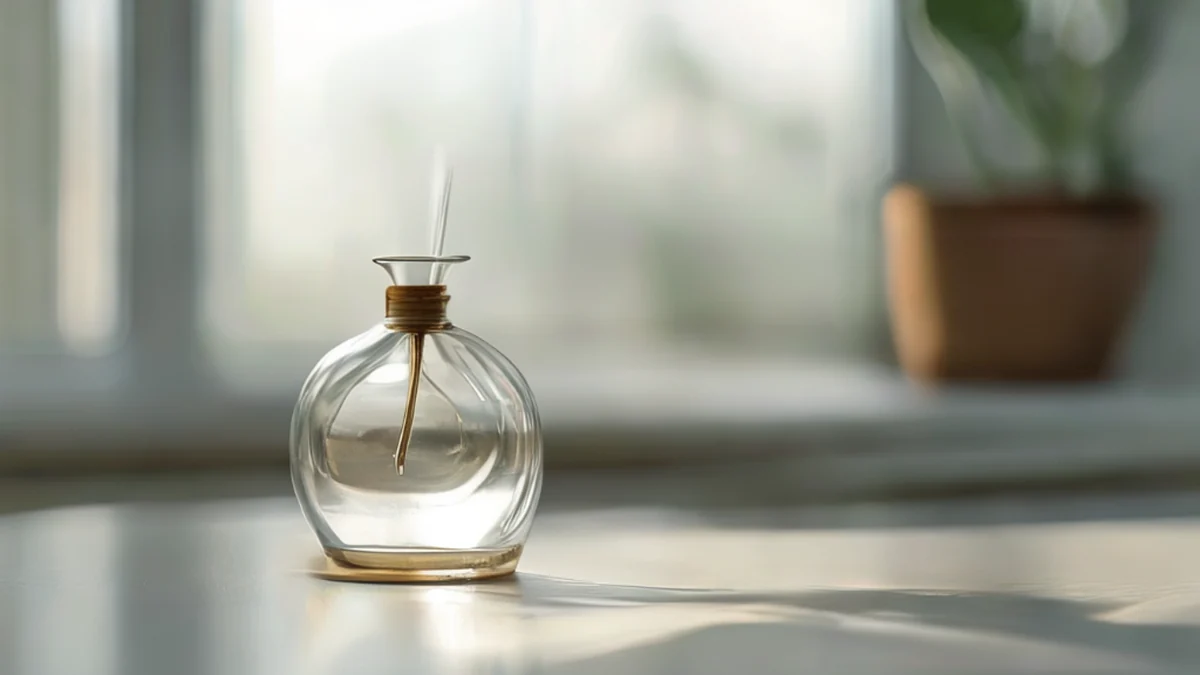 A glass scent diffuser, clear with a small wooden base, resting on a white table under overcast daylight, shallow depth of field, photorealistic, sharp focus, high detail