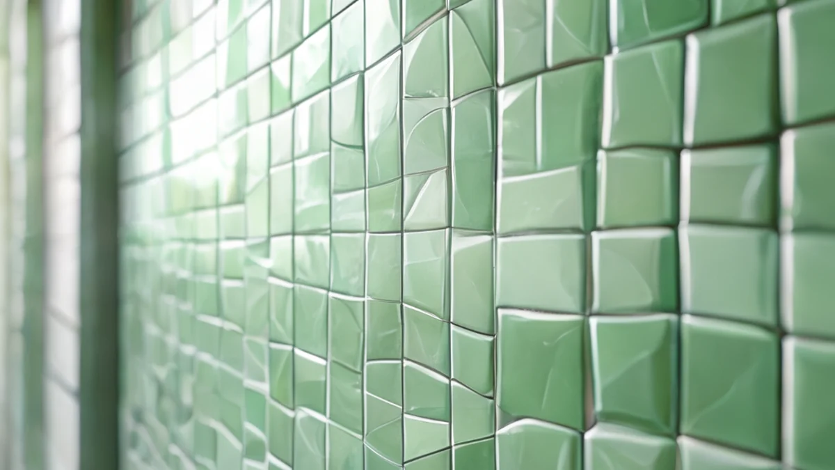 Mosaico de cerámica, verde claro, brillante, patrones teselados, fondo blanco, luz suave de la ventana, lente 50mm, profundidad de campo baja, fotorealista, enfoque neto, detalles altos