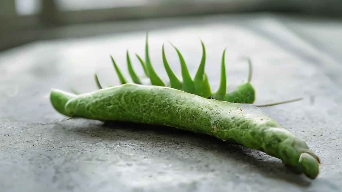 Un bastone lungo e sottile con piccoli protuberanze circolari lungo la sua lunghezza.