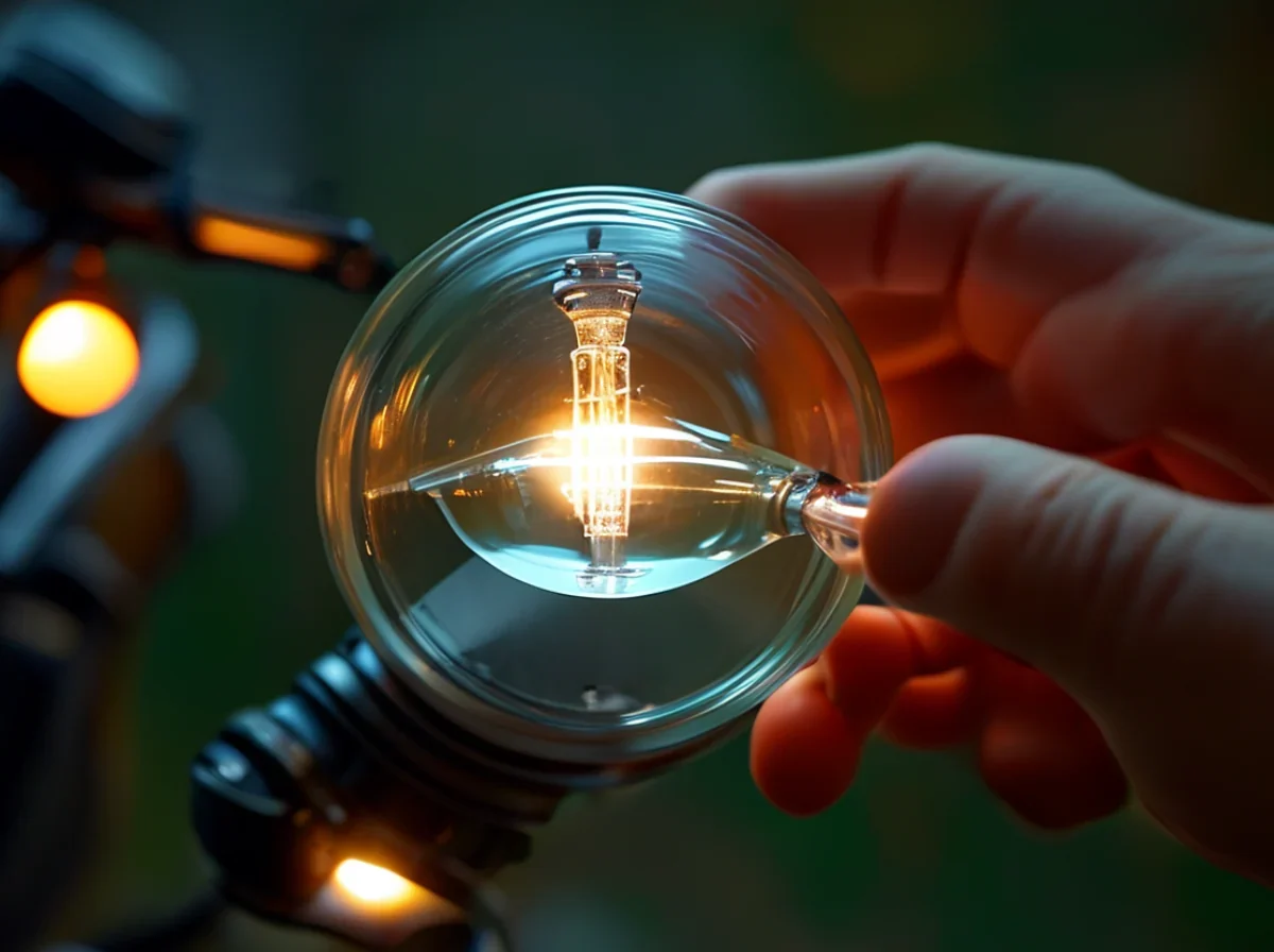 Een glazen halogeenlamp wordt in een ronde motor koplamp behuizing geplaatst