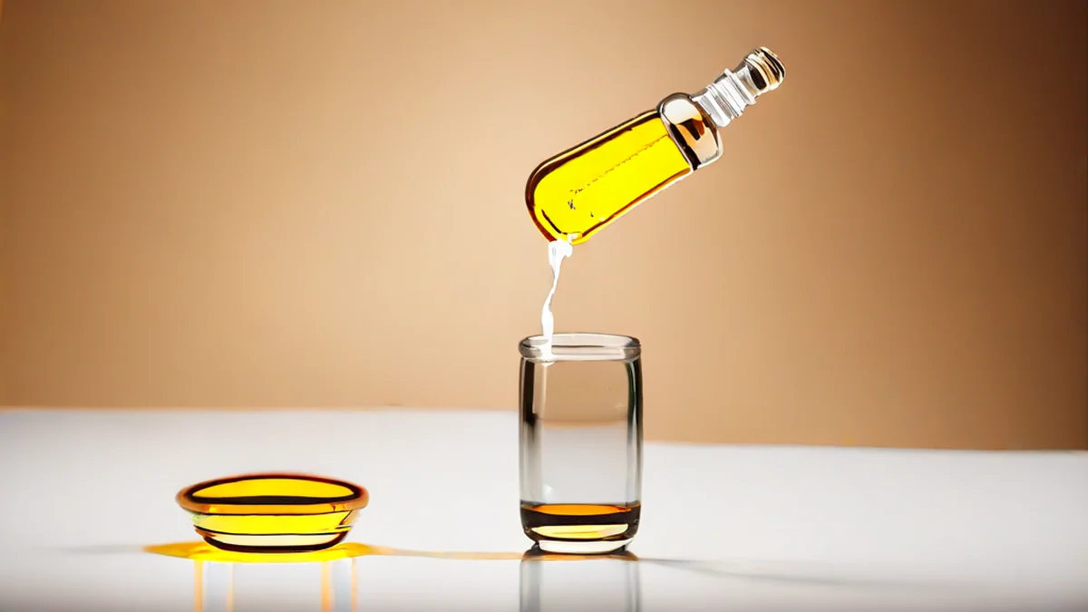 Een dropperfles met vloeistof binnen, duidelijk glas, vloeistof zichtbaar
