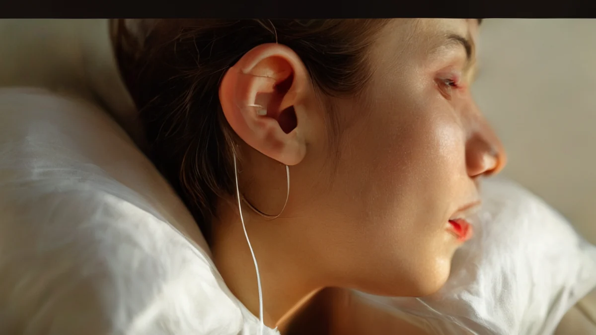 Person wearing sleep earbuds while sleeping.