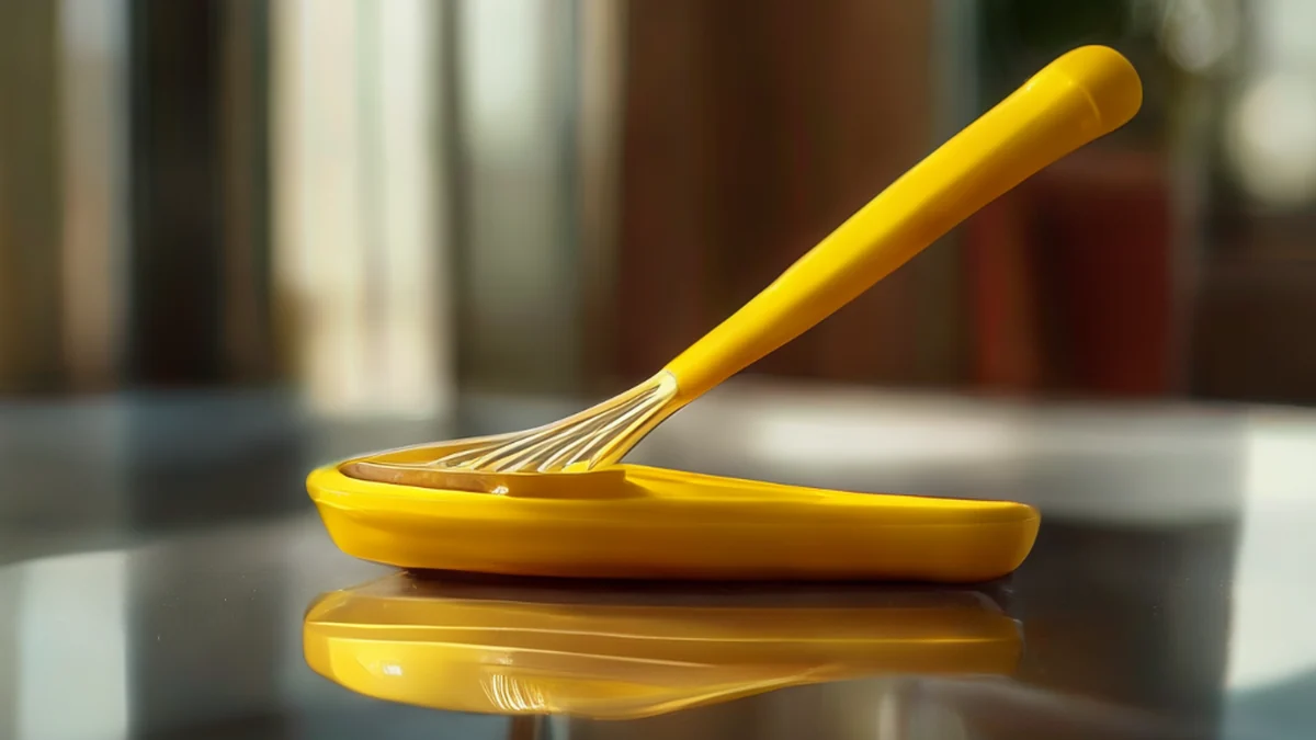 plastic diet scale whisk, bright yellow, long handle, metal head, on glass table, warm light, shallow focus, high detail