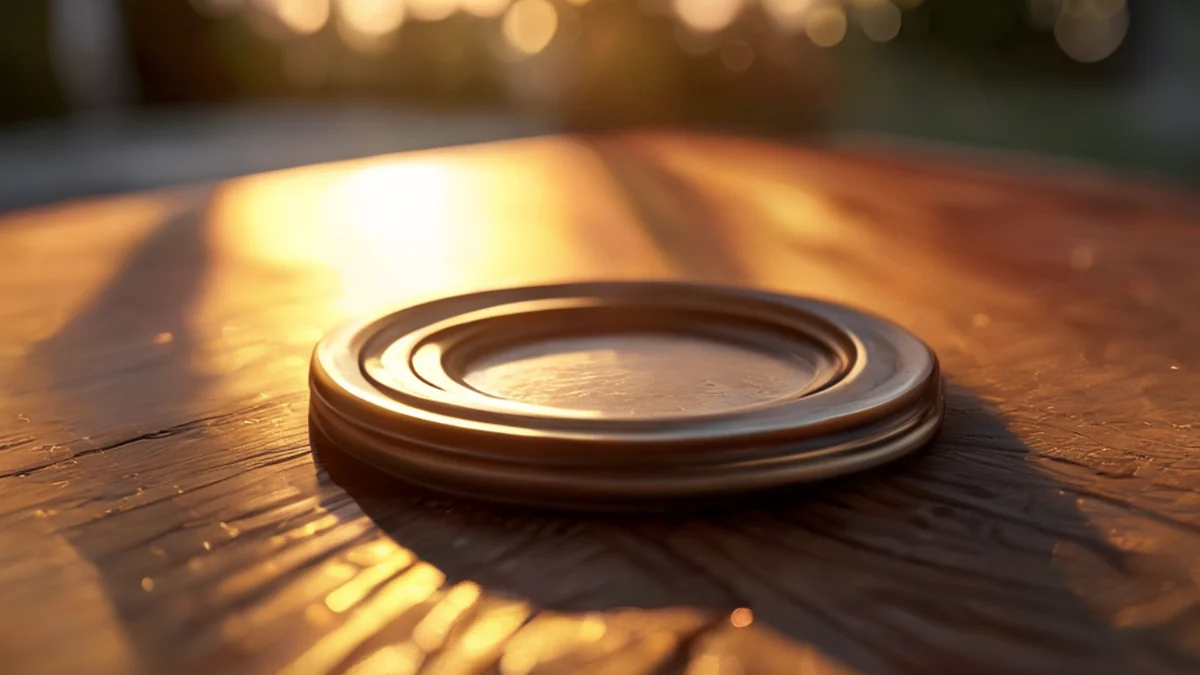 Tuerca de acero, forma circular plana, sobre una mesa de madera, bajo la luz dorada, profundidad de campo baja, realismo fotográfico, enfoque neto, detalles altos
