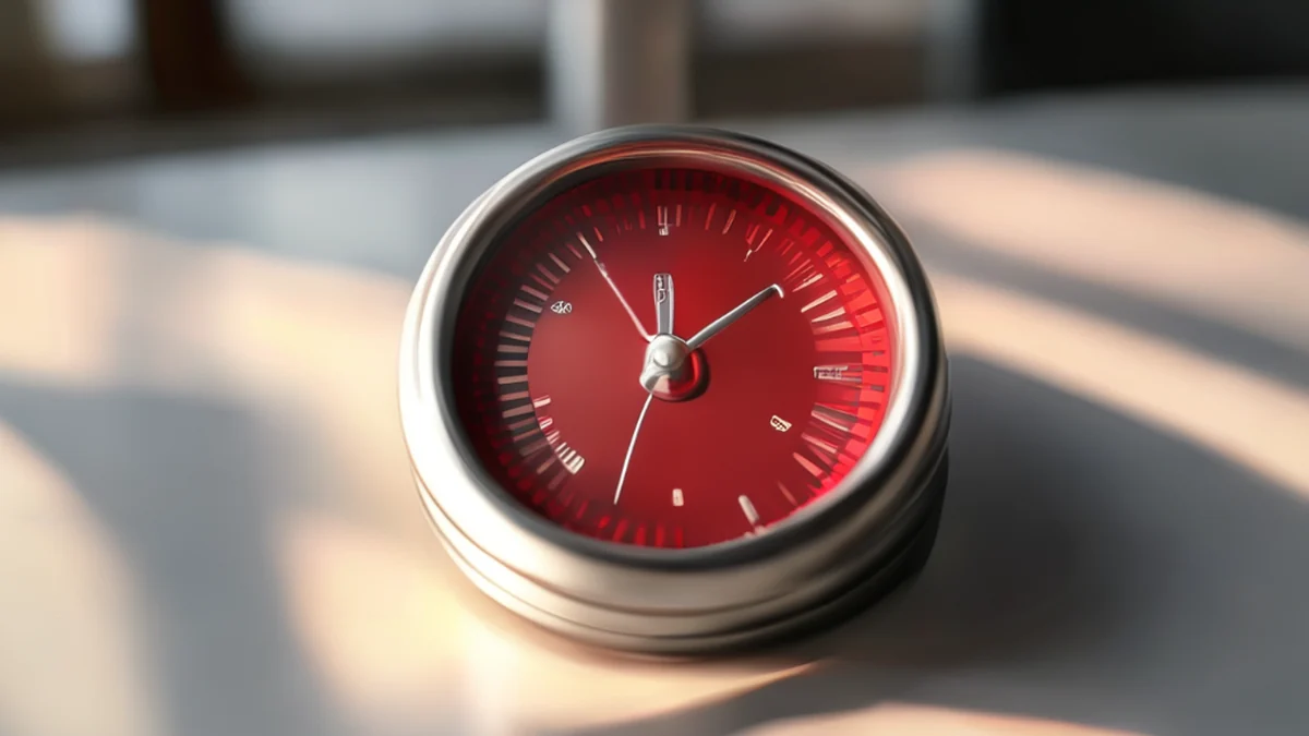 Gauge à carbone, cadran rouge avec des marques argentées, sur une table blanche sous une lumière chaude, champ de profondeur faible, réalisme photo, focus aigu, détails élevés