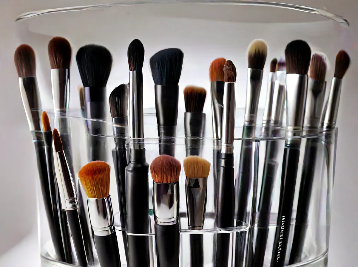 Divers pinceaux de maquillage de différentes tailles debout dans un support en verre