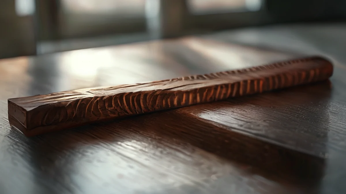 Un long, bois sombre avec une surface creusée, reposant sur une table métallique, sous une lumière douce du fenêtre, champ de profondeur faible, réalisme photo, focus aigu, détails élevés