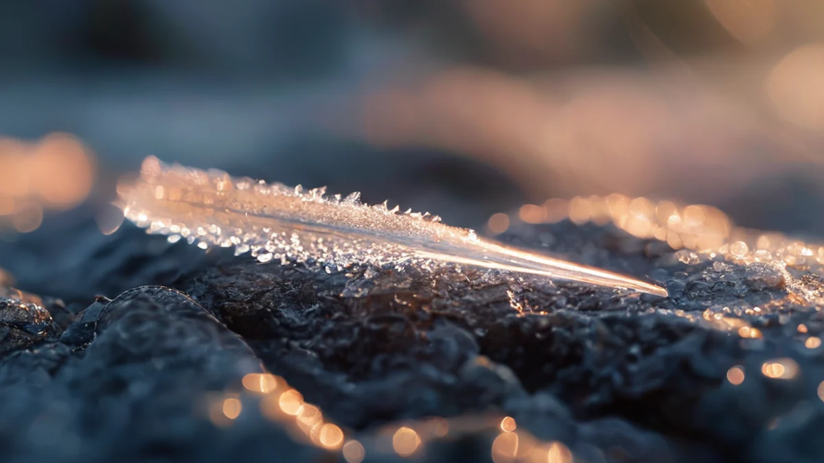 Un'aguzza sottile e trasparente, brillante di ghiaccio, su una superficie rocciosa sotto luce calda, profondità di campo bassa, realismo fotografico, focus acuto, dettagli elevati