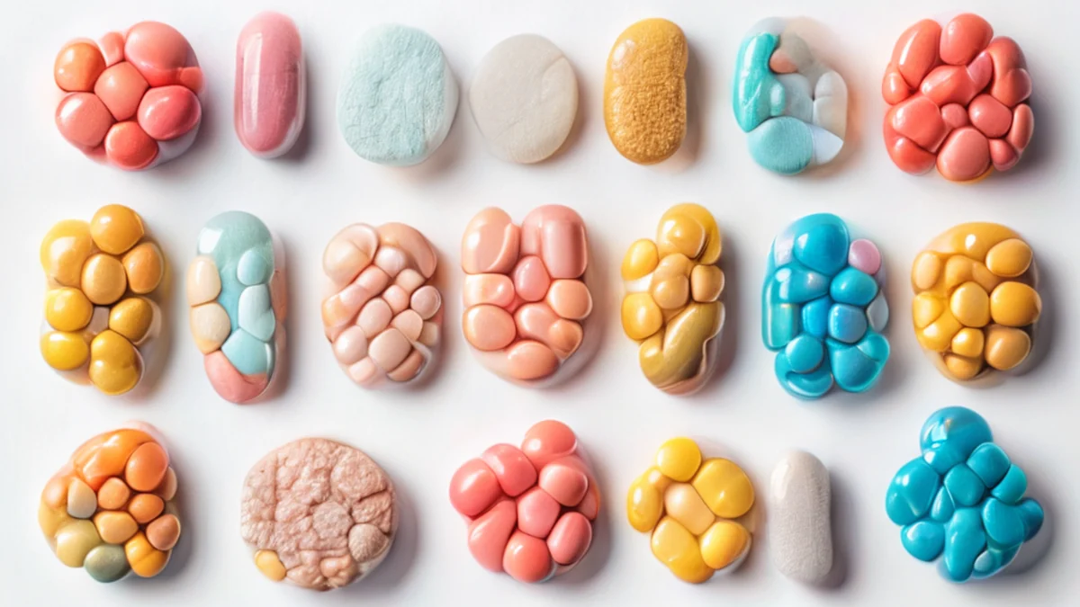 Divers comprimidos di multivitamina su una superficie bianca.