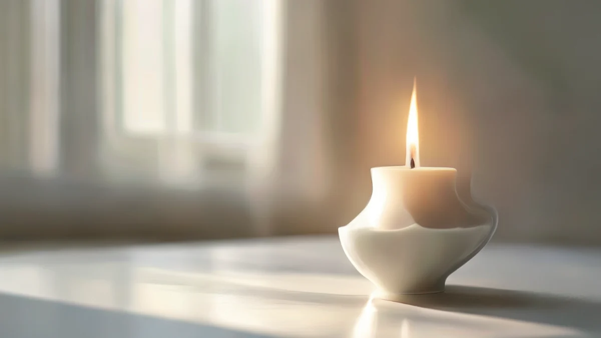 Candelabro di porcellana, bianco, curvo, su un tavolo bianco, luce dolce, campo di profondità sottile, fotorealistico, dettagli elevati