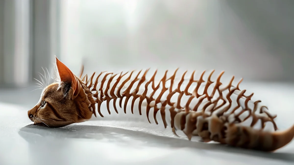 猫の脊椎、骨が丸い表面、薄い灰色の表面、ソフトな窓の光、浅い焦点、写実的、明確な焦点、高い詳細度