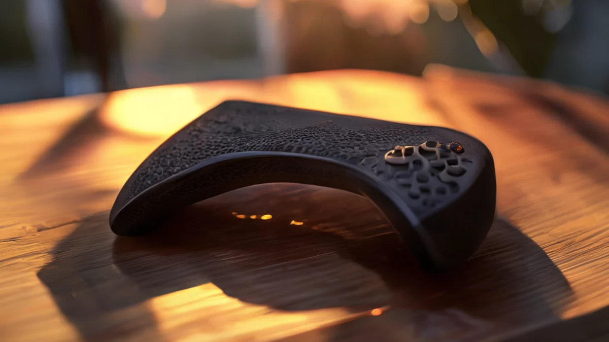 Uma cinta de jogo DualSense flexível e ajustável com superfície texturizada, descansando em uma mesa de madeira sob a luz da hora dourada, profundidade de campo suave, fotorealista, foco afiado, detalhes altos